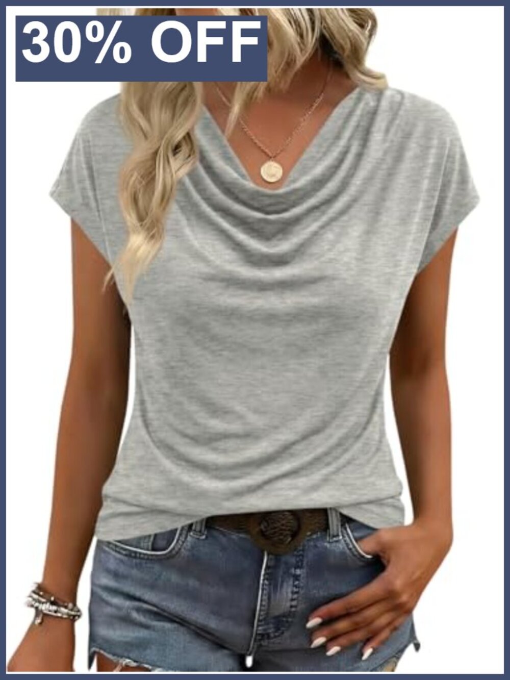 Womens Business Casual Cowl Neck Cap Sleeve Blouse Short Sleeve Work Office Top